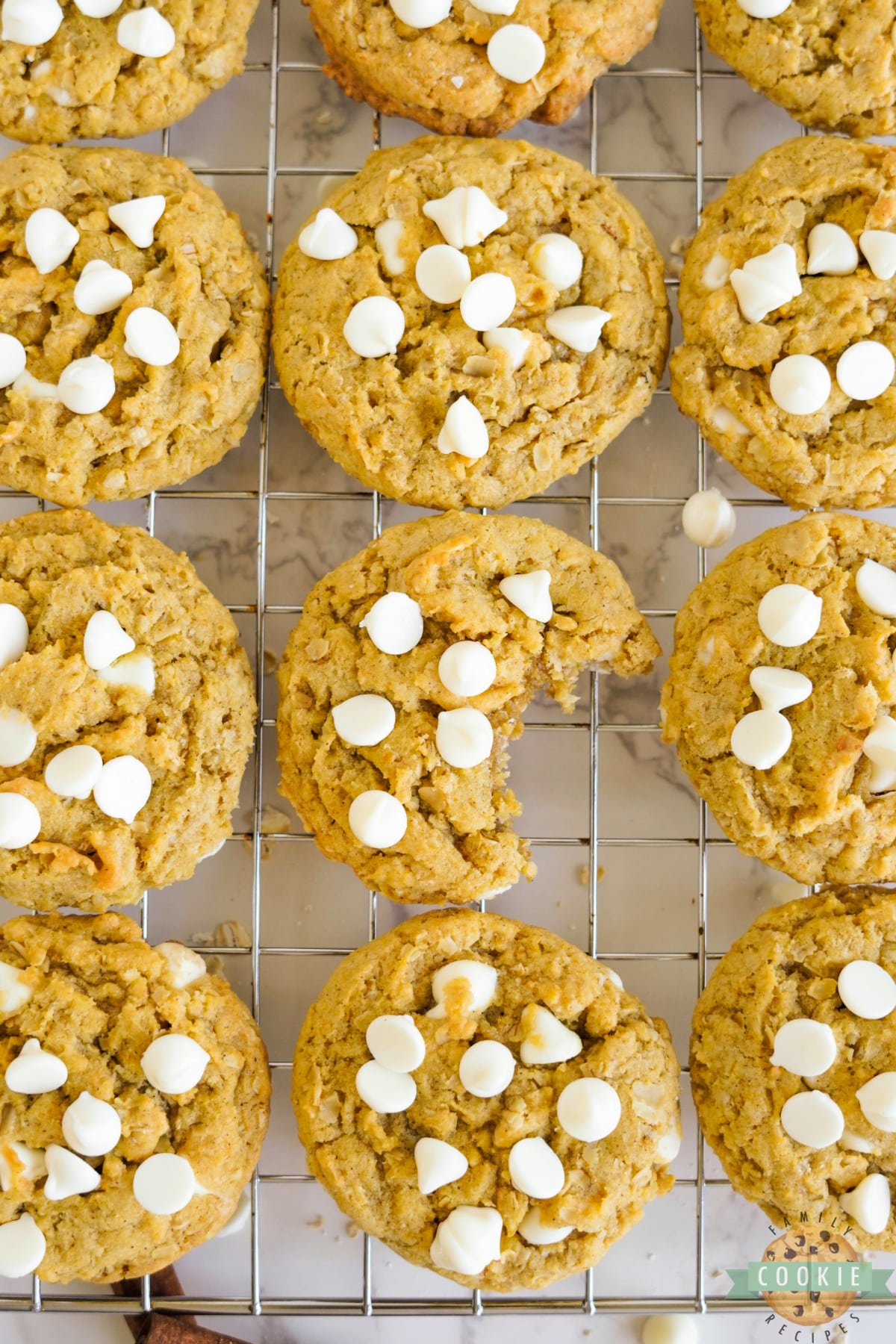 Pumpkin cookies with oats and white chocolate chips.