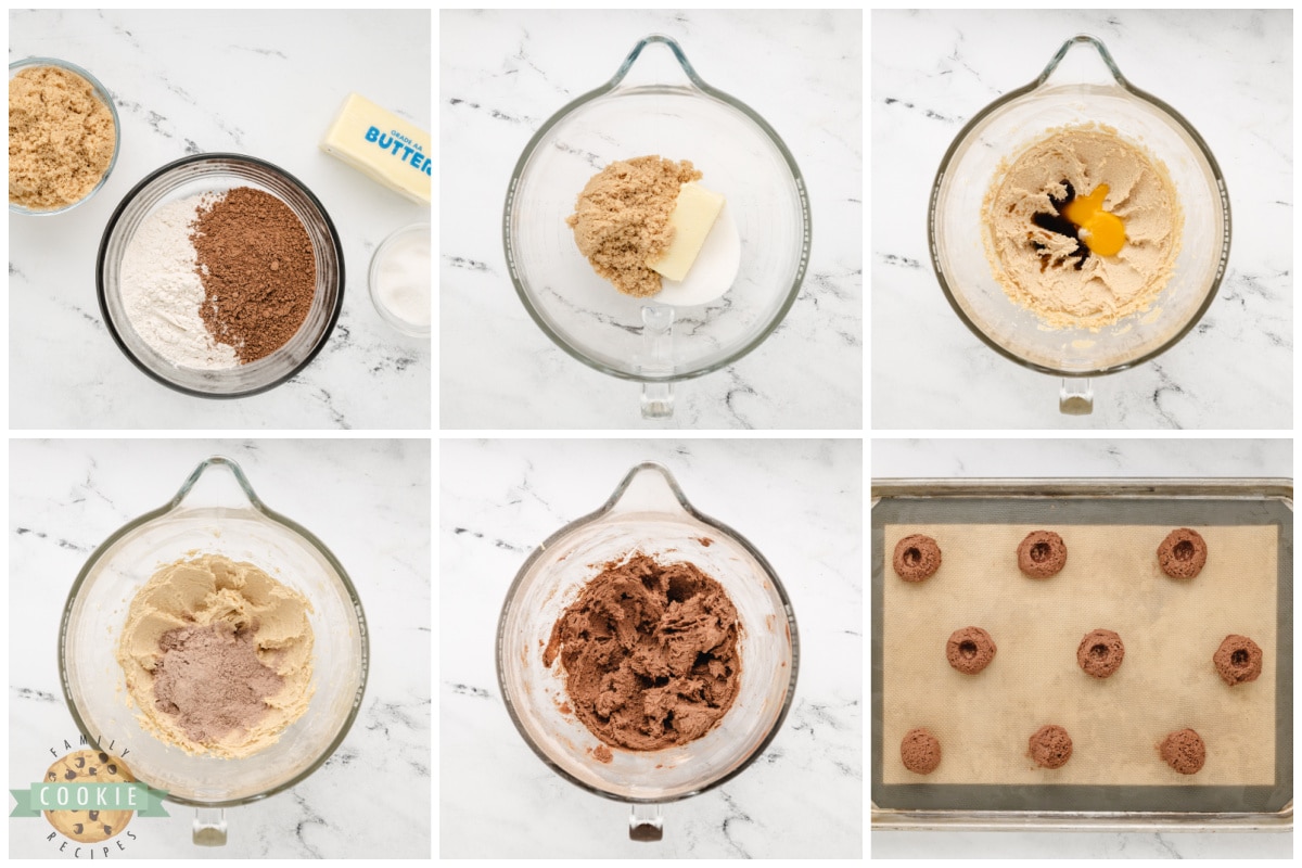 Making chocolate thumbprint cookies. 