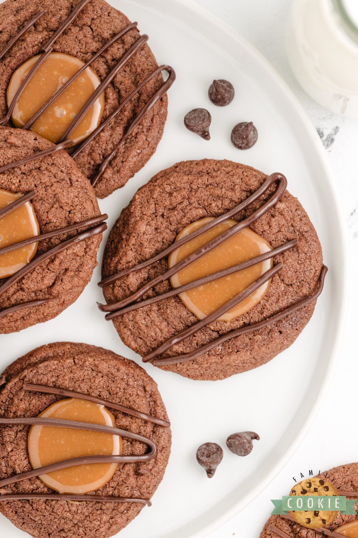 Chocolate thumbprint cookies with caramel filling. 