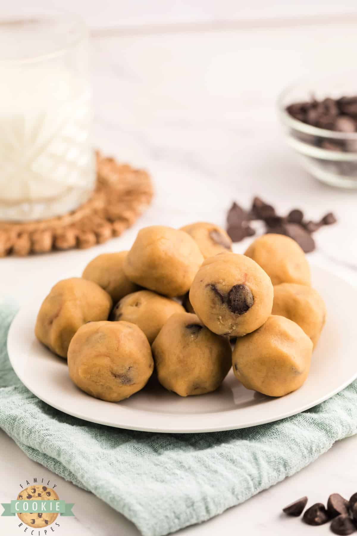 Balls of edible chocolate chip cookie dough.