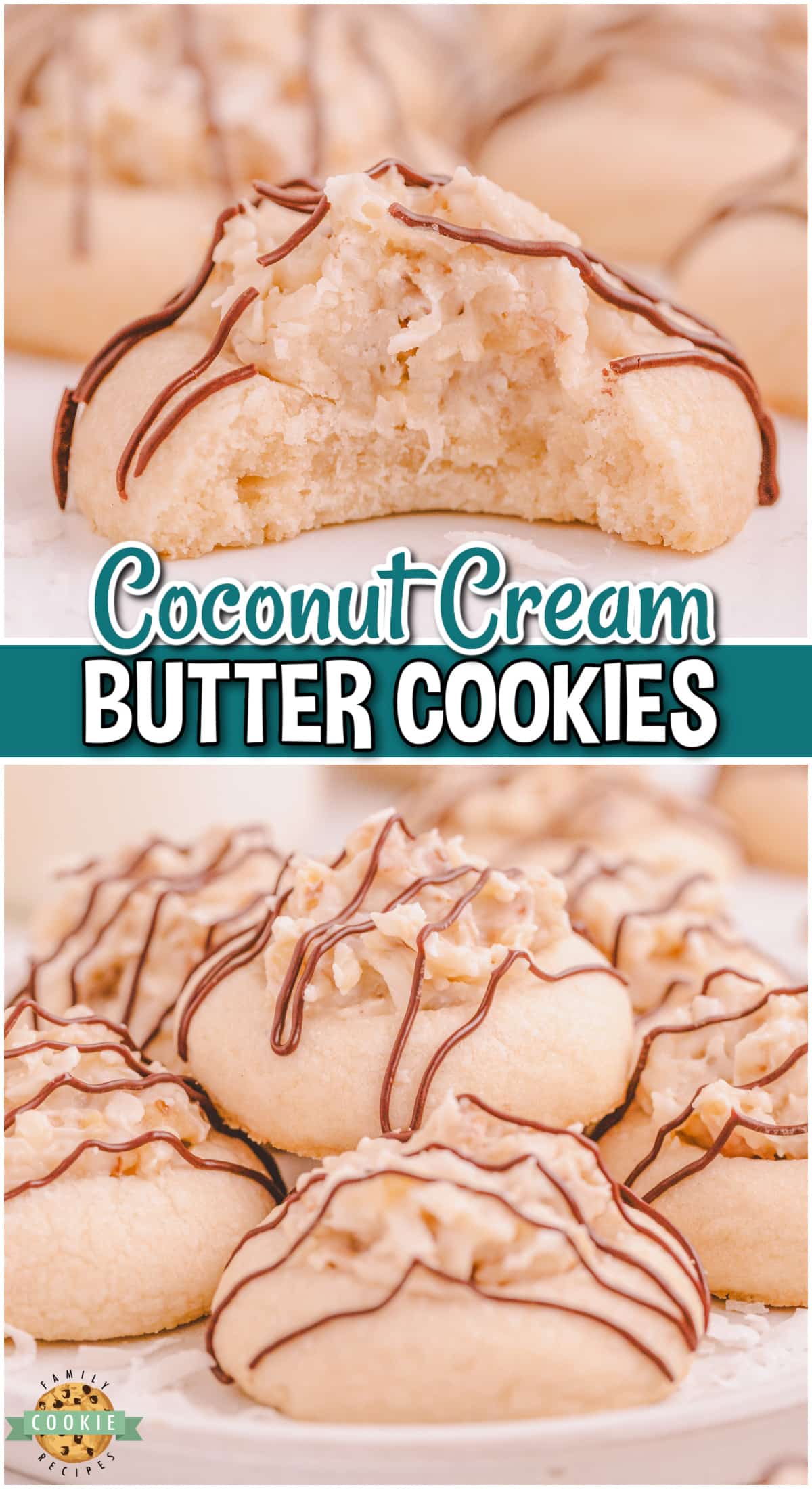 Coconut Cream Cookies are buttery sugar cookies topped with a cream cheese coconut frosting, then drizzled with melted chocolate!