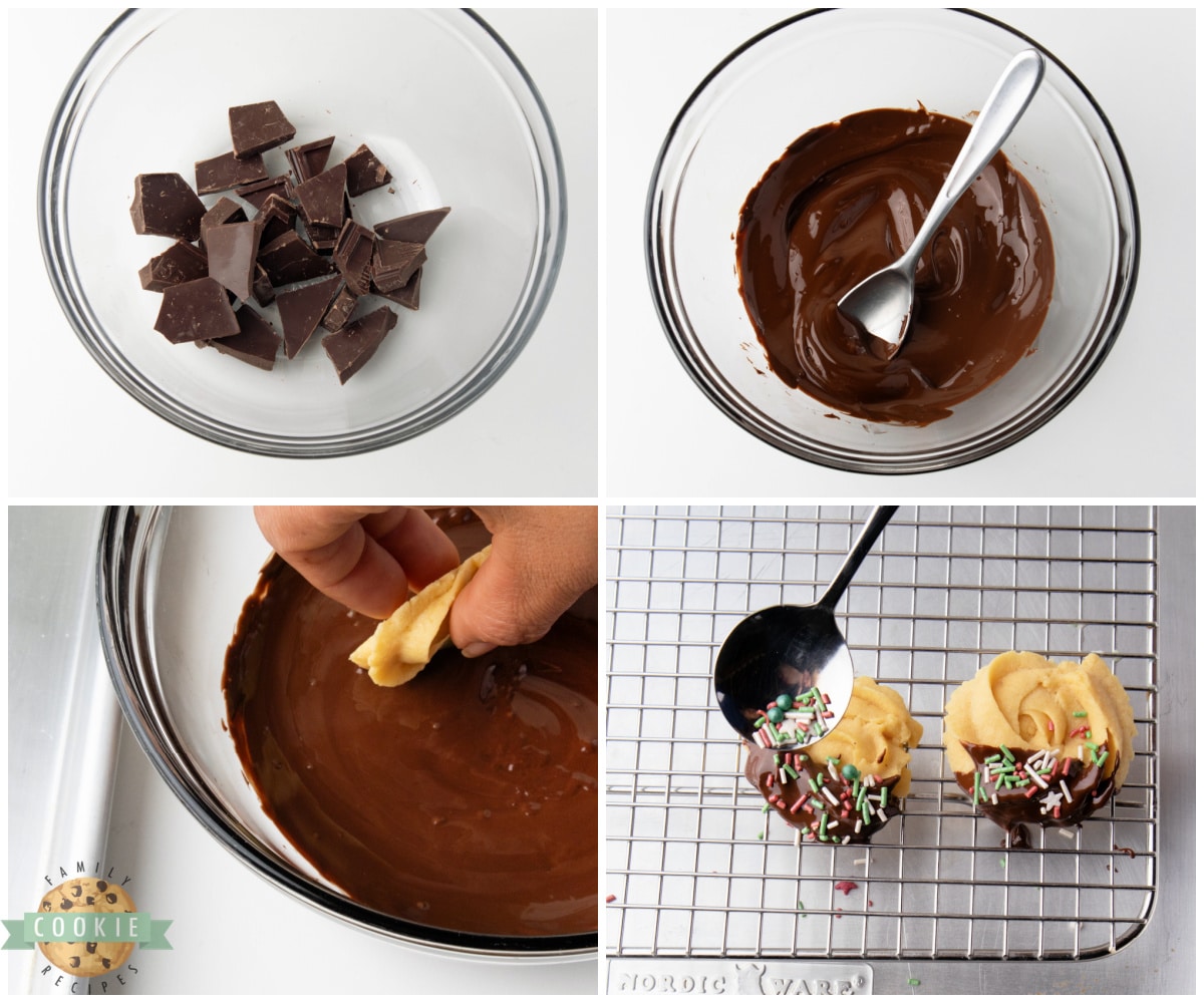 Dipping baked cookies in melted chocolate.