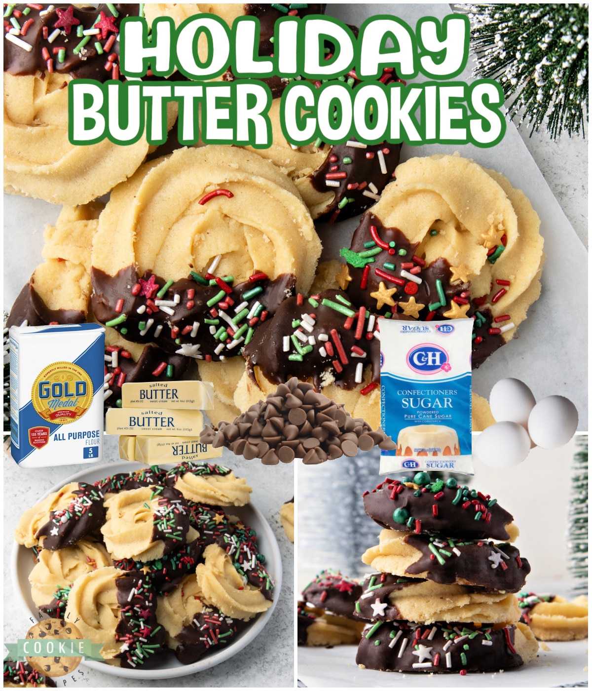 Classic holiday butter cookies made with buttery cookie dough and covered in chocolate & sprinkles. Incredible shortbread cookie with a delicate texture and fantastic flavor!