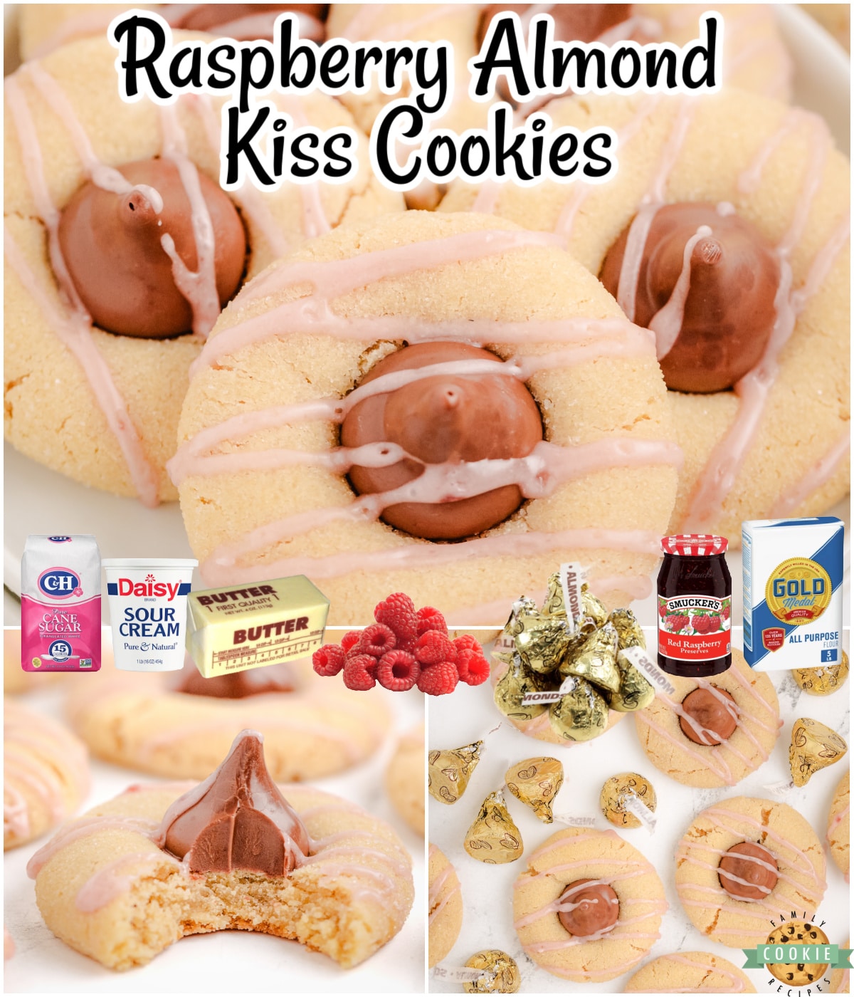 Raspberry Almond Kiss Cookies are buttery cookies topped with an almond kiss & raspberry drizzle for a delightful cookie for almond lovers! 