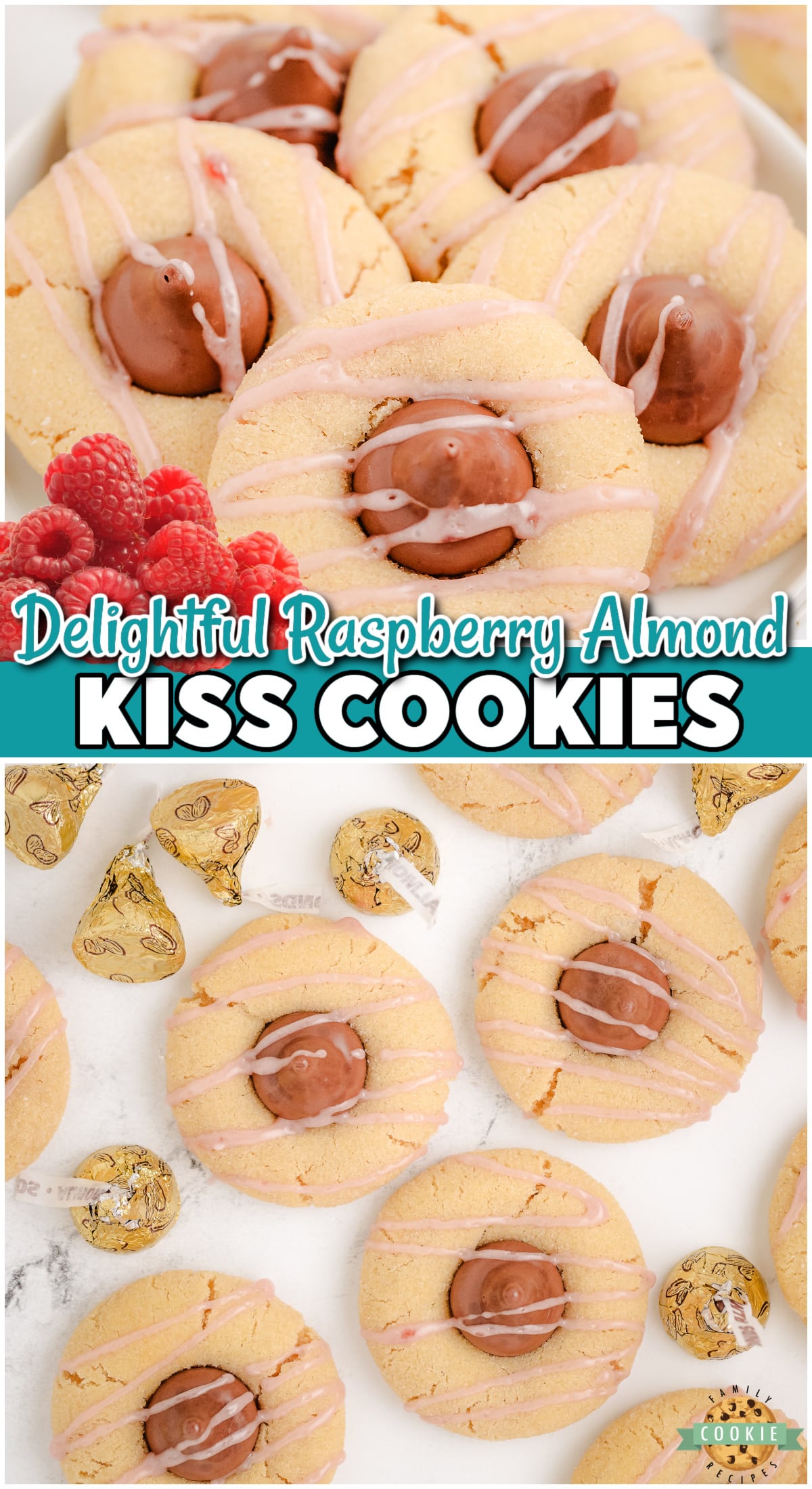Raspberry Almond Kiss Cookies are buttery cookies topped with an almond kiss & raspberry drizzle for a delightful cookie for almond lovers! 