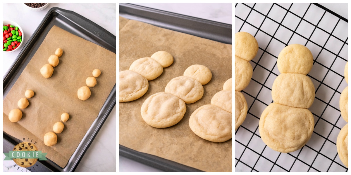 Forming snowman shaped sugar cookies with balls of dough.