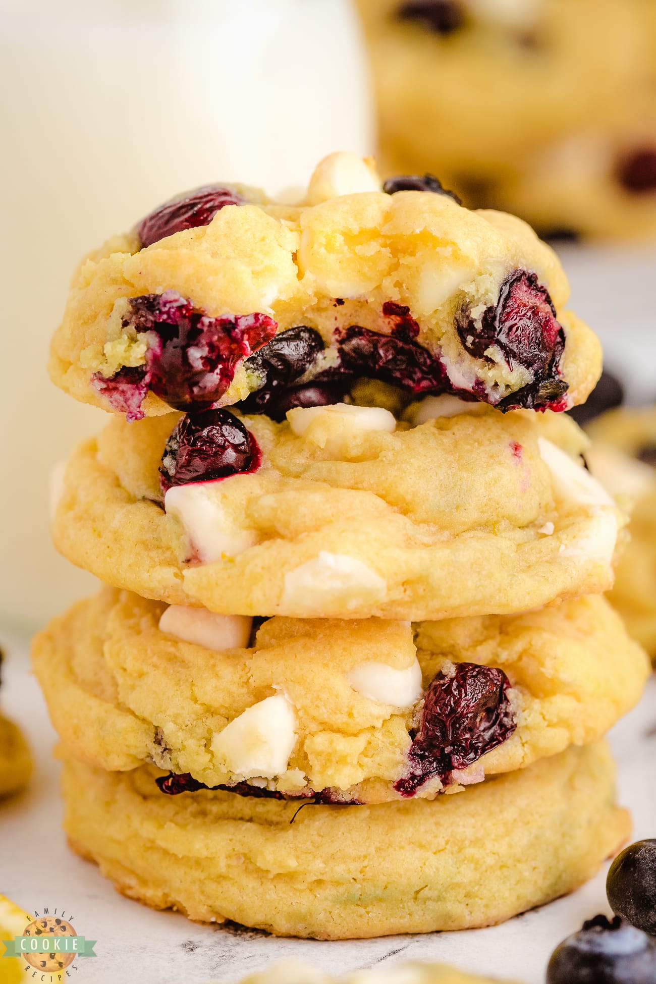 lemon blueberry cookies with a bite taken out