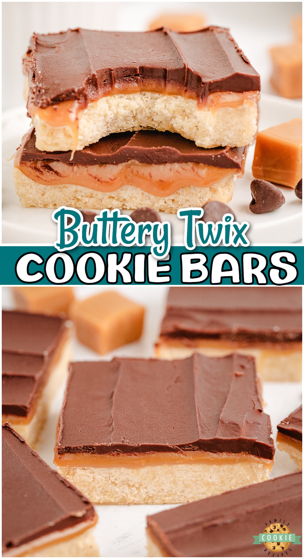 Twix Cookie Bars are shortbread cookie bars topped with a layer of caramel and chocolate! Homemade caramel shortbread dessert bars are made easy and serve a crowd!