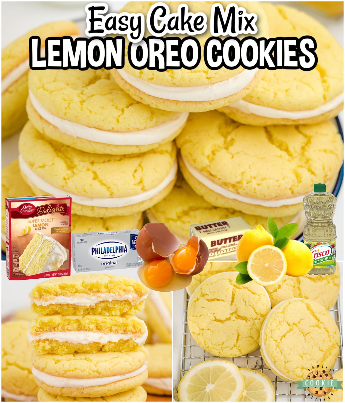 Cake Mix Lemon Oreo Cookies made easy with a handful of ingredients & sandwiched with a delightful lemon cream cheese filling! They're a delicious and unique twist on the classic treat!