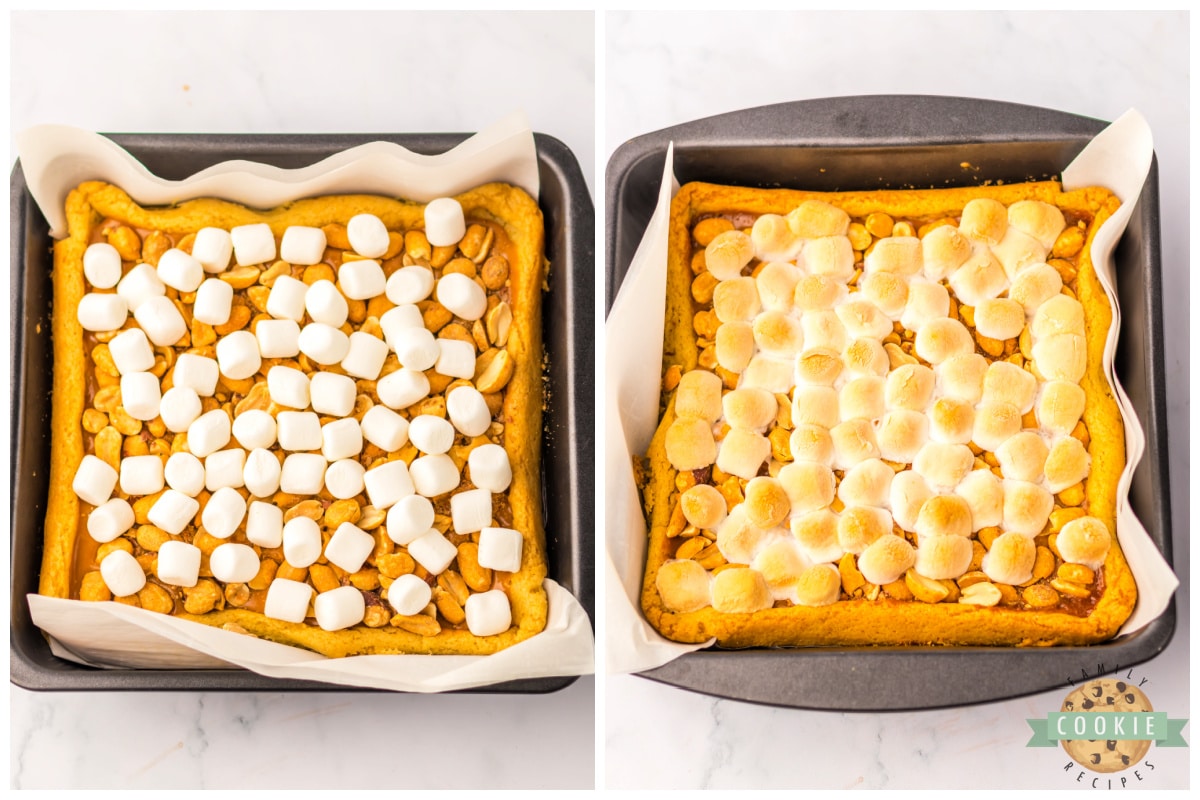 Adding peanuts and marshmallows to cookie bar recipe.