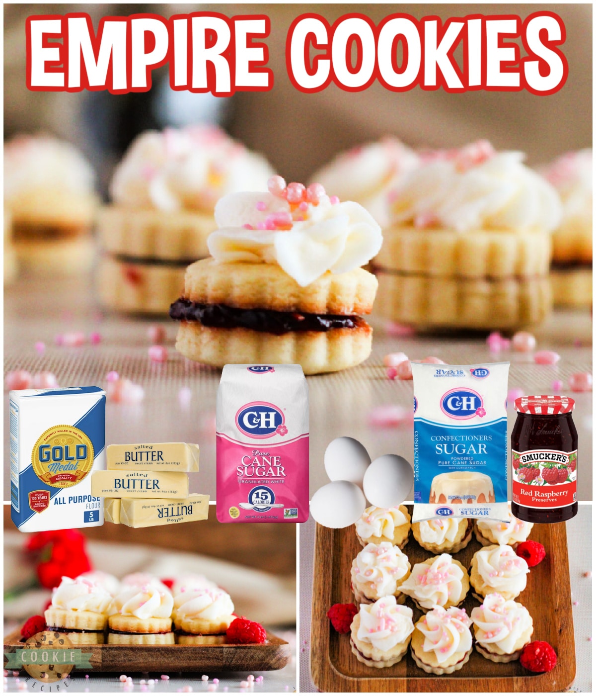 Empire Cookies are buttery shortbread cookie sandwiches filled with raspberry jam and topped with a simple buttercream frosting. Delicious cookies that are both pretty and delicious!