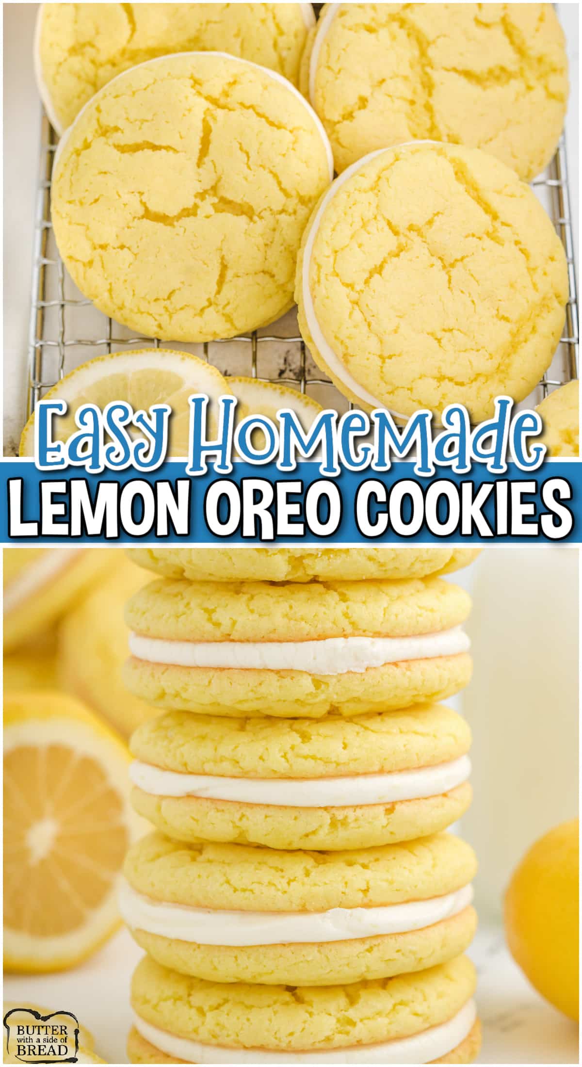 Cake Mix Lemon Oreo Cookies made easy with a handful of ingredients & sandwiched with a delightful lemon cream cheese filling! They're a delicious and unique twist on the classic treat!