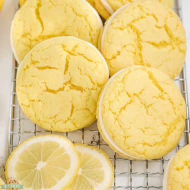 lemon oreo cake mix cookies on a cooling rack