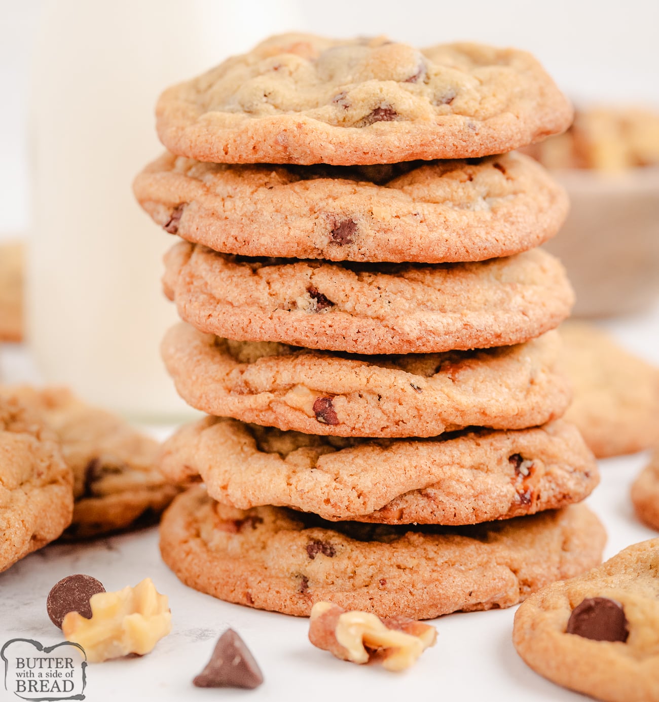 stack of toasted walnut chocolate chip cookies