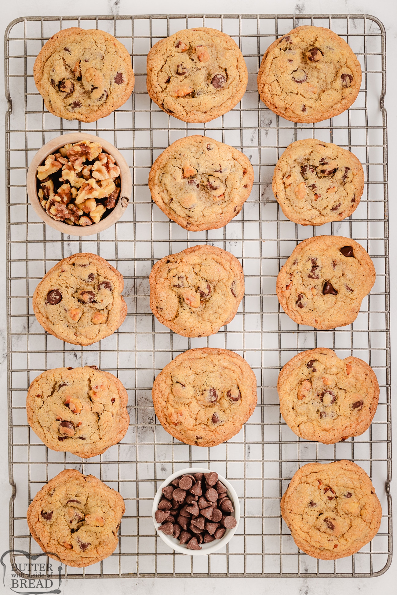 toasted walnut chocolate chip cookies on a cooling rack