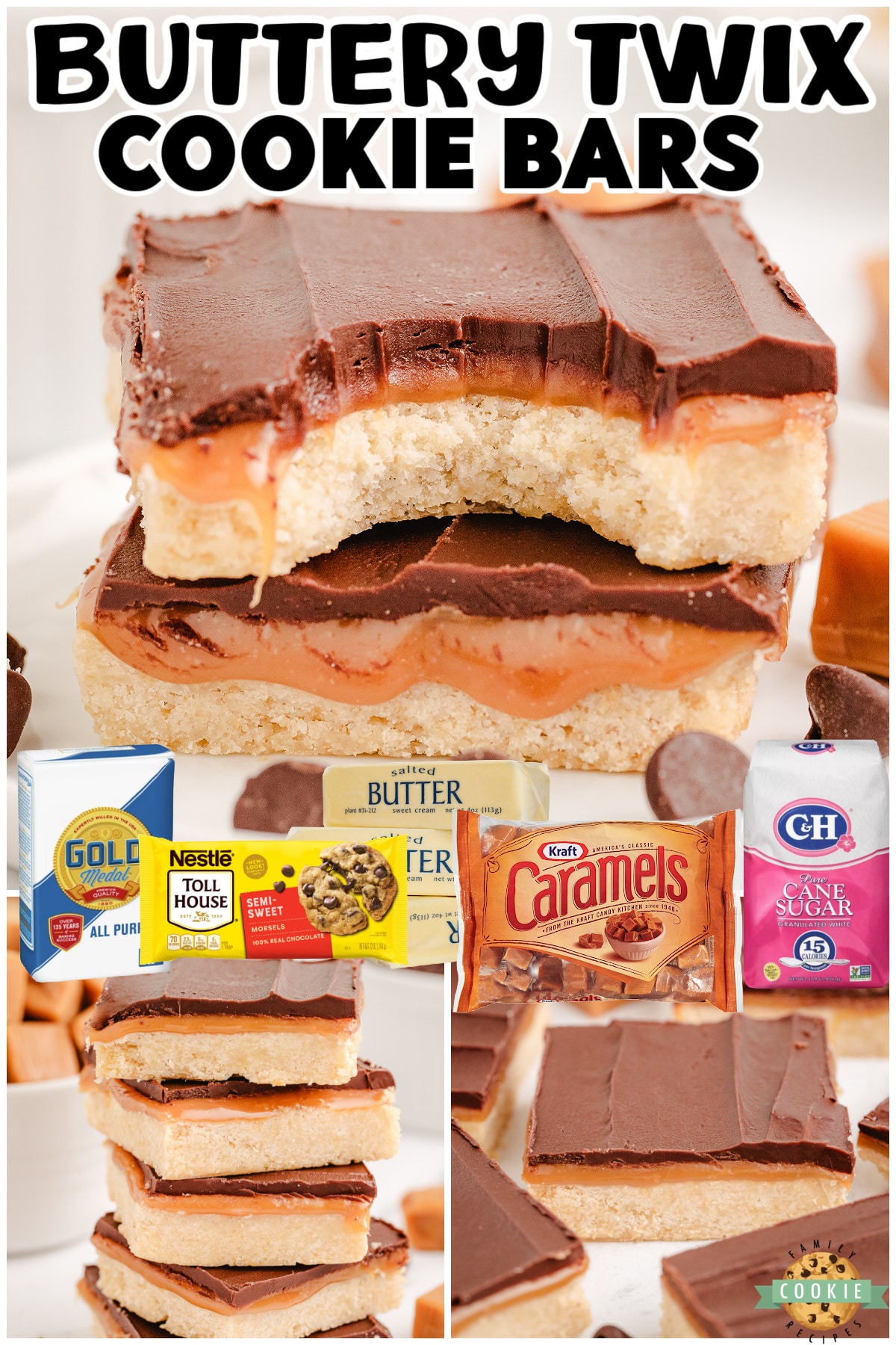 Twix Cookie Bars are shortbread cookie bars topped with a layer of caramel and chocolate! Homemade caramel shortbread dessert bars are made easy and serve a crowd!