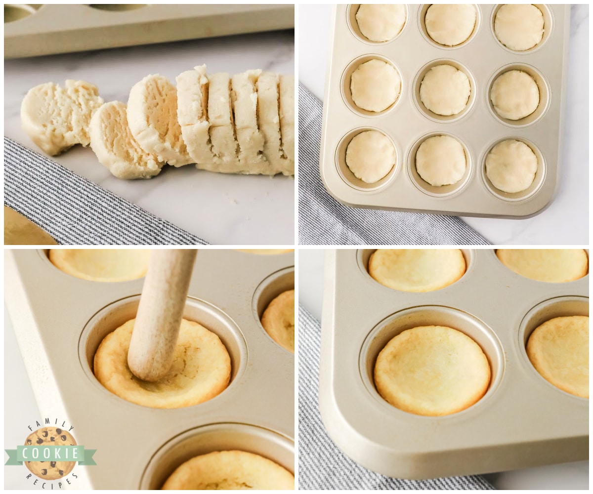 Pressing sugar cookie dough into a muffin tin. 