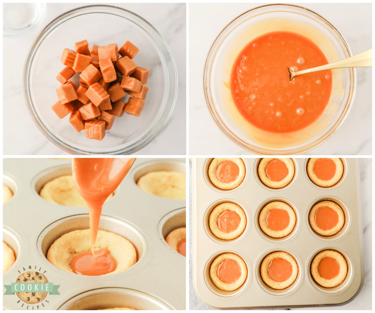 Pouring caramel into sugar cookie cups.
