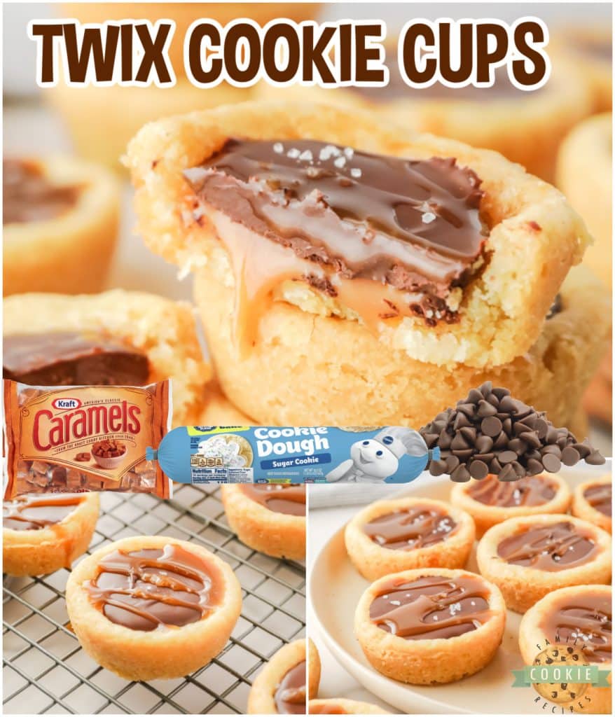 Twix Cookie Cups are so easy to make with pre-made cookie dough, caramels and chocolate chips! Only a few ingredients needed to make these delicious chocolate caramel cookie cups.