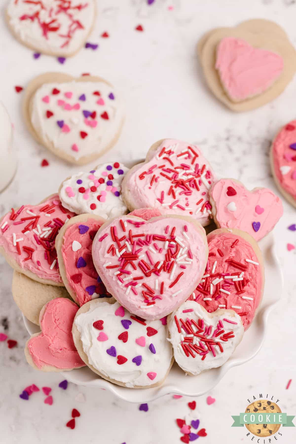 Plate of heart-shaped sugar cookies. 