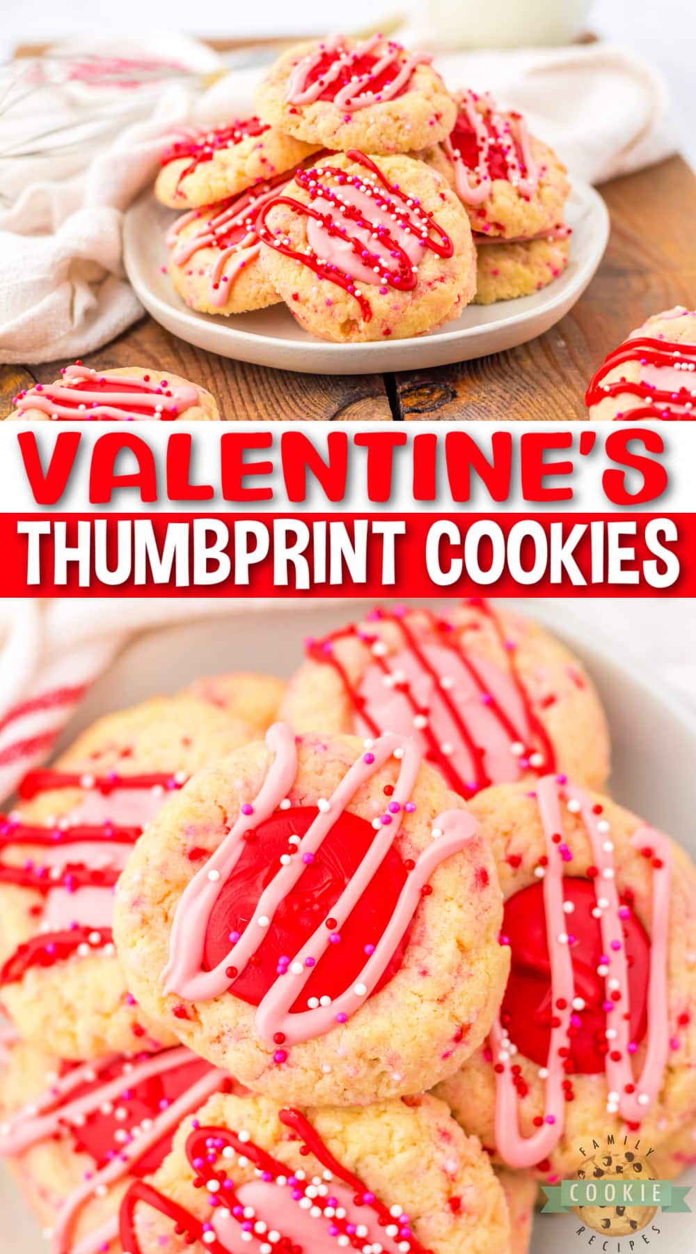 Valentine’s Thumbprint Cookies are so pretty and perfect for the holiday! Buttery cookie dough is topped with sprinkles and baked before being filled with pink and red chocolate.