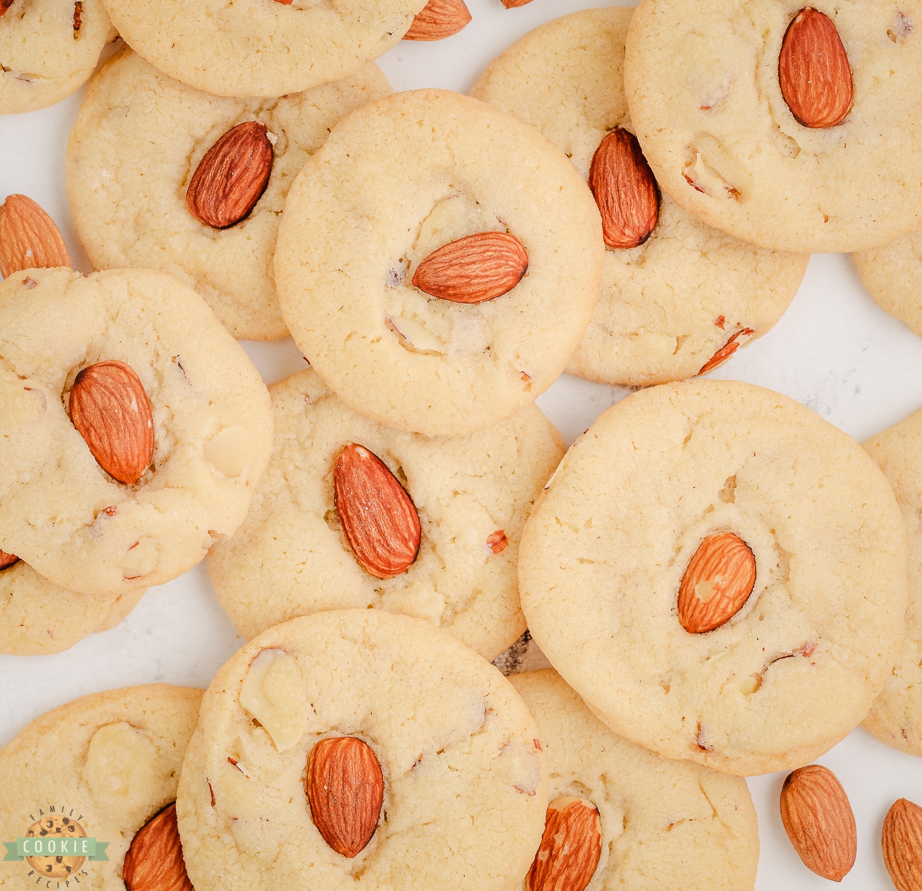 almond drop cookies made with butter and topped with almonds