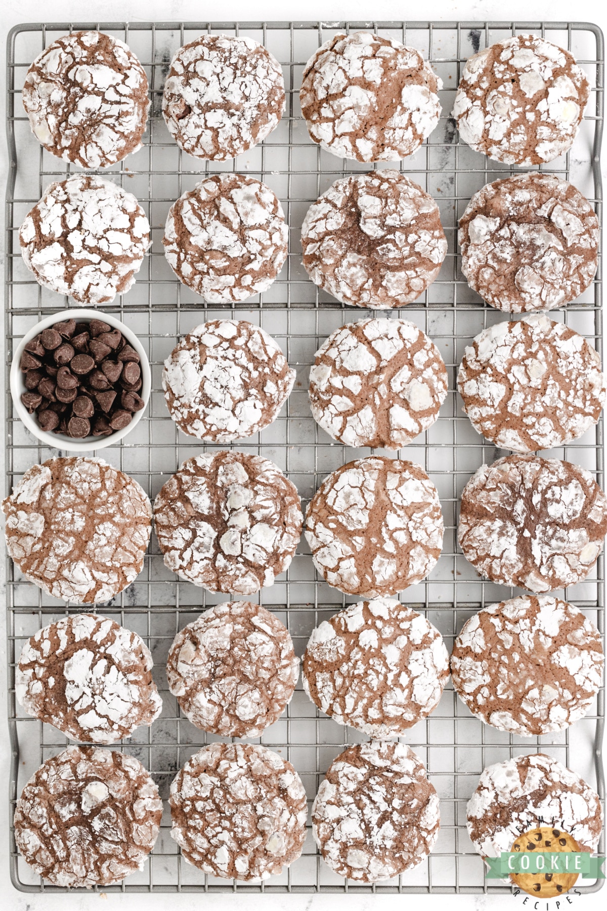 Brownie cookies cooling on a wire rack. 