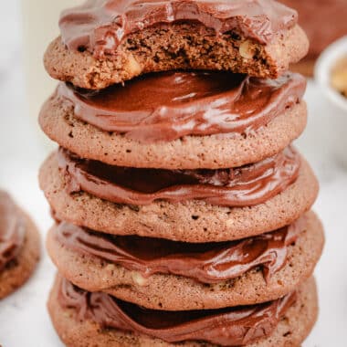 stack of frosted double chocolate cookies