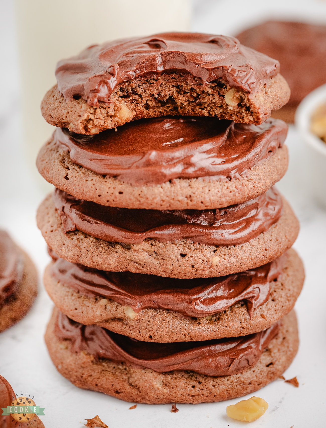 stack of frosted double chocolate cookies