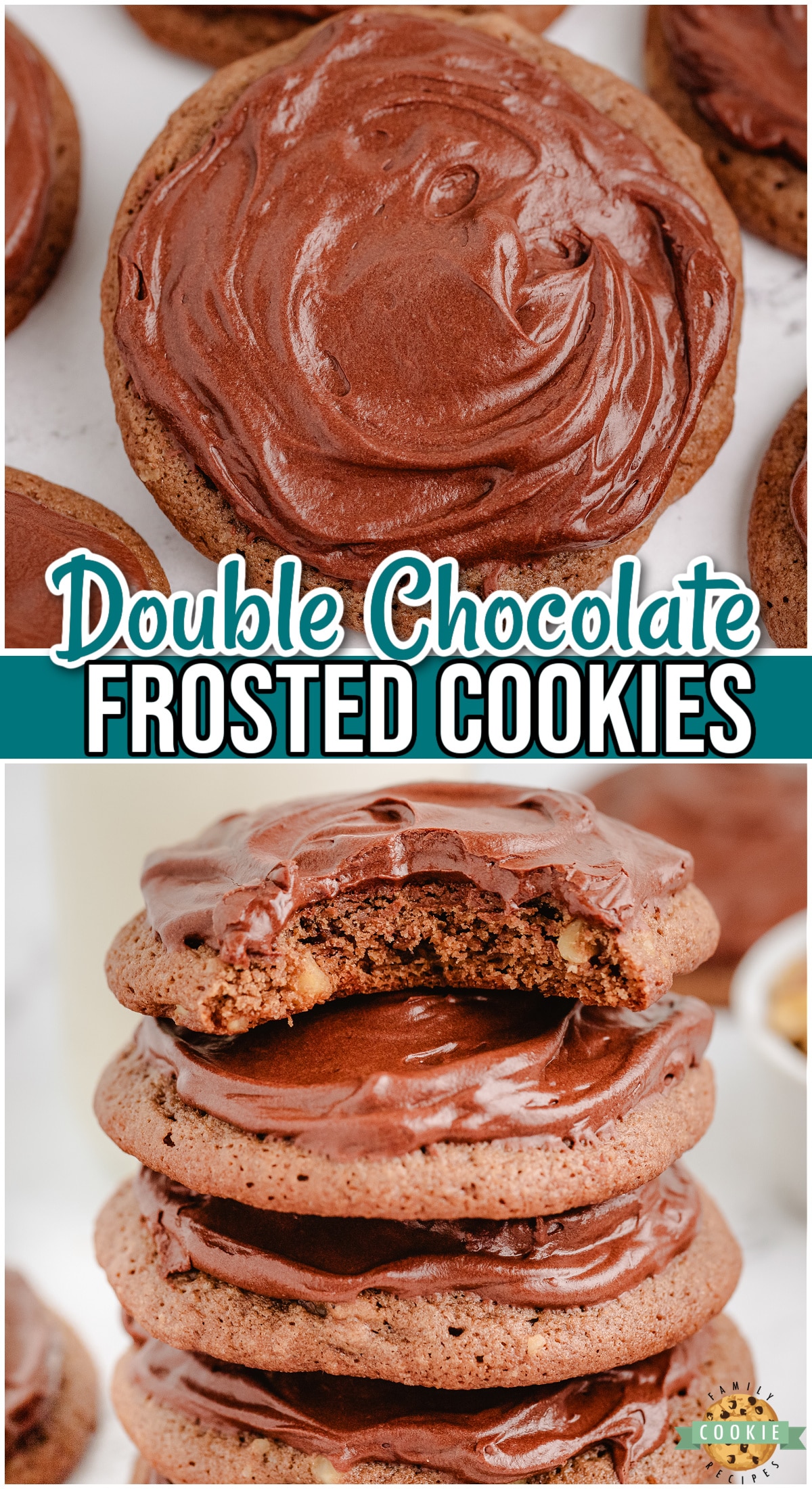 Frosted Double Chocolate Cookies are decadent cookies perfect for any chocolate lover! These chocolate walnut cookies are made with twice the chocolate, giving them a rich flavor that's irresistible!