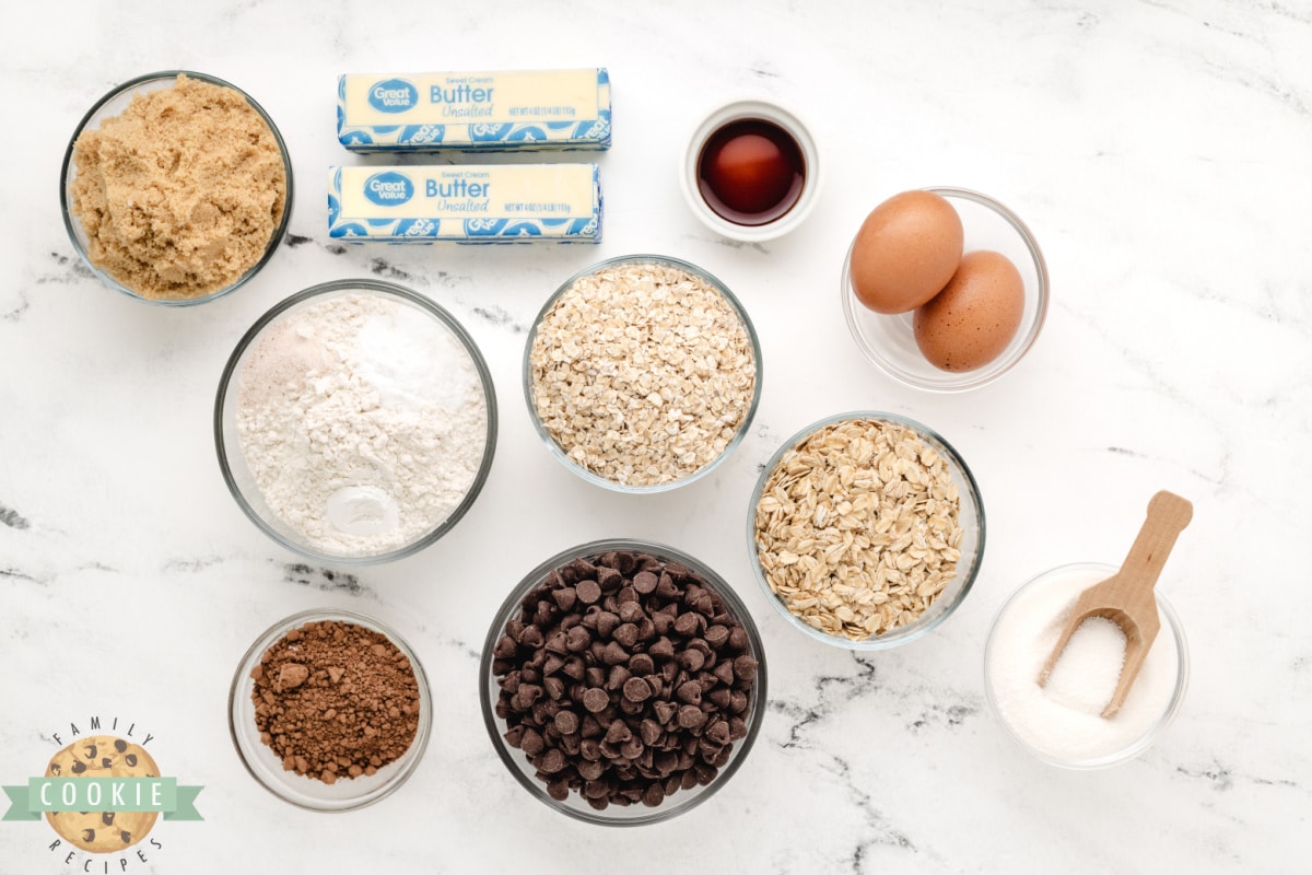 Ingredients in Double Chocolate Oatmeal Cookies. 