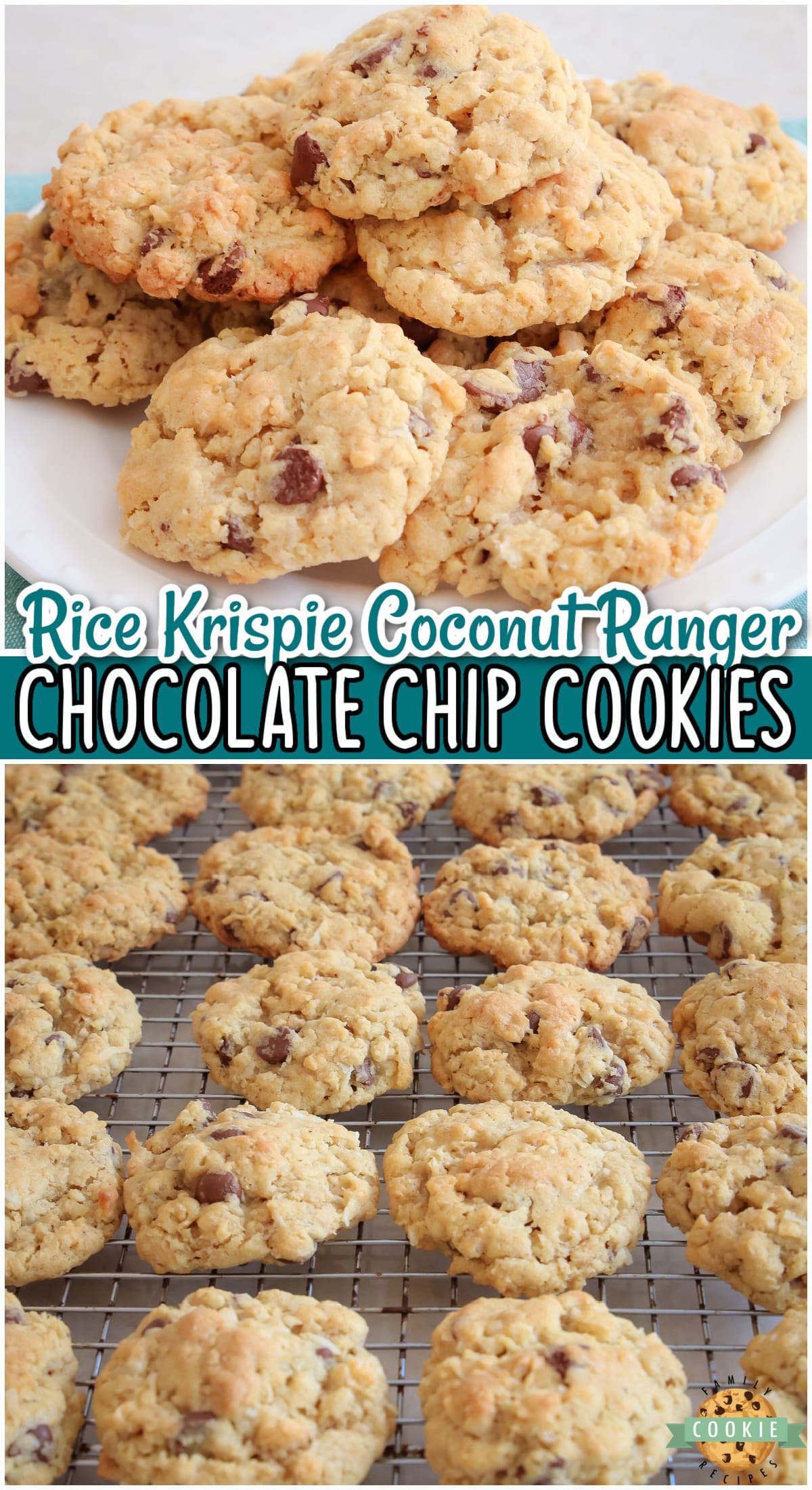 Chocolate Chip Ranger Cookies are a classic treat that combines oats, krispie cereal, coconut & chocolate chips to create a deliciously chewy cookie!