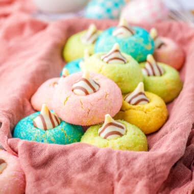 Festive Easter Blossom cookies topped with Hersheys Hugs