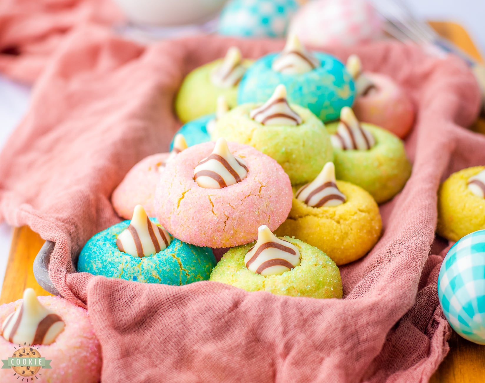 Festive Easter Blossom cookies topped with Hersheys Hugs