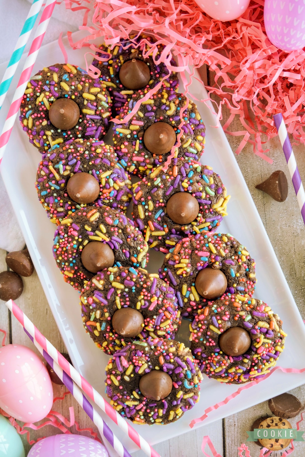 Plate of brownie cookies made with sprinkles and Hershey's kisses. 