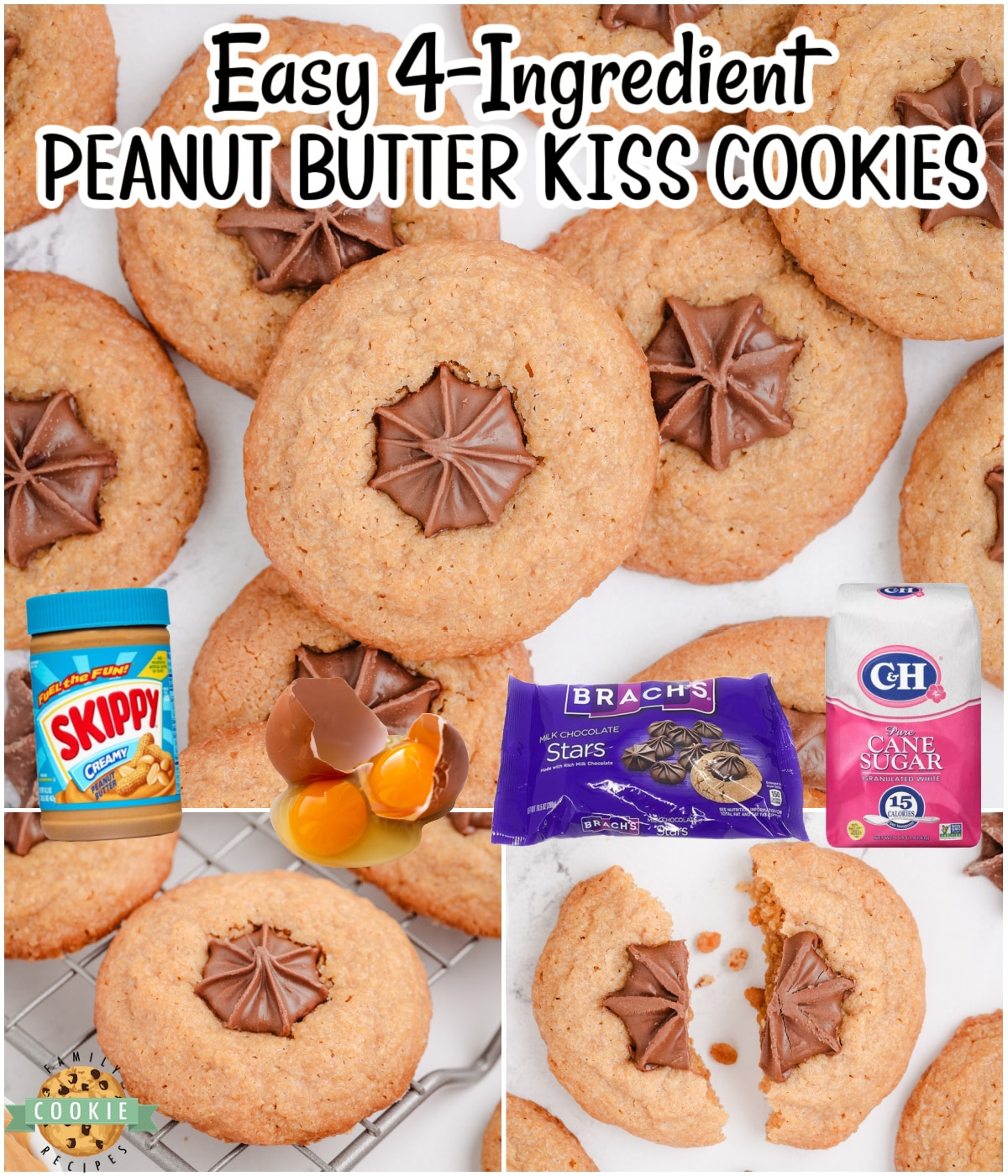 Easy Peanut Butter Kiss Cookies are made with 4 simple ingredients: peanut butter, sugar, eggs & topped with star kisses! These Hershey kisses peanut butter cookies have a rich, nutty flavor with a sweet, chocolatey finish.