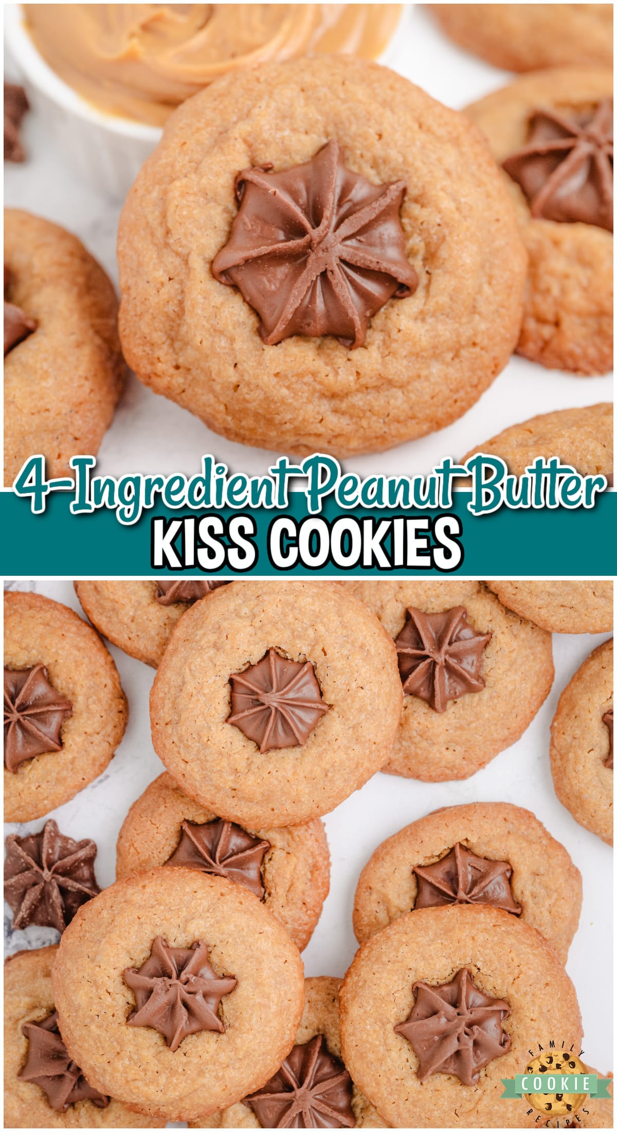 Easy Peanut Butter Kiss Cookies are made with 4 simple ingredients: peanut butter, sugar, eggs & topped with star kisses! These Hershey kisses peanut butter cookies have a rich, nutty flavor with a sweet, chocolatey finish.