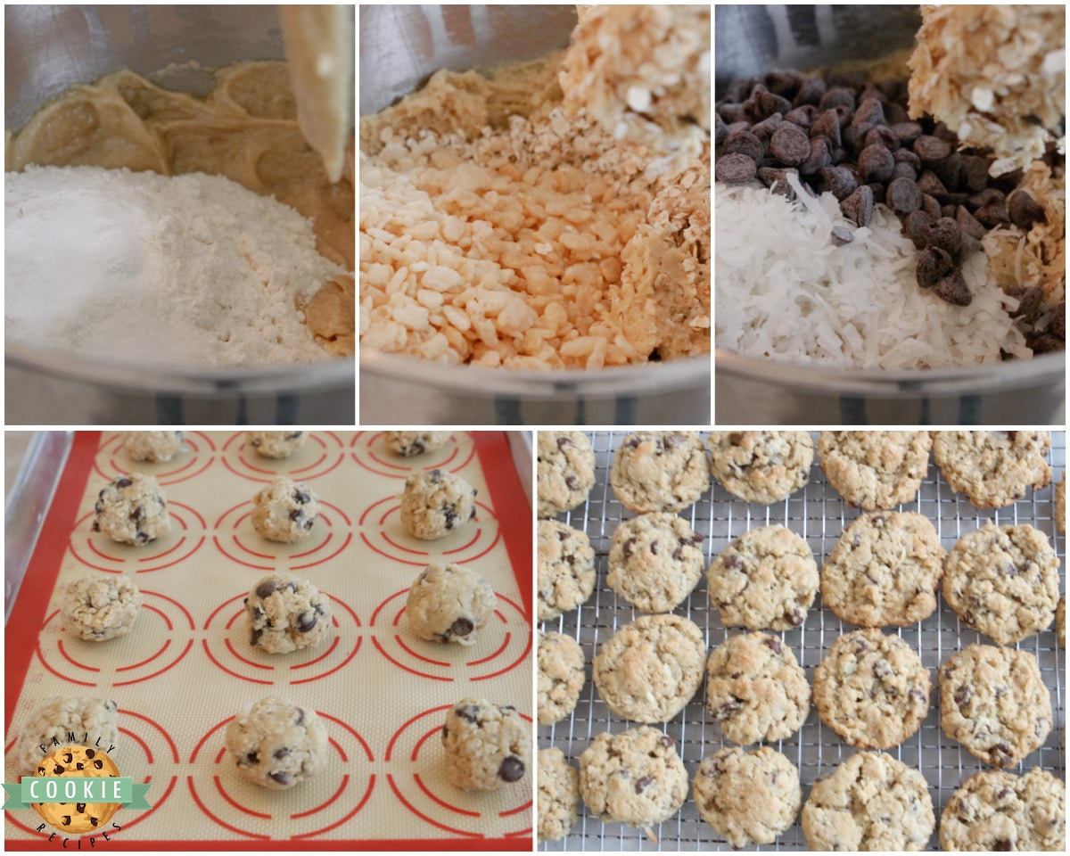 how to make Ranger cookies with oats, rice krispies, coconut and chocolate chips