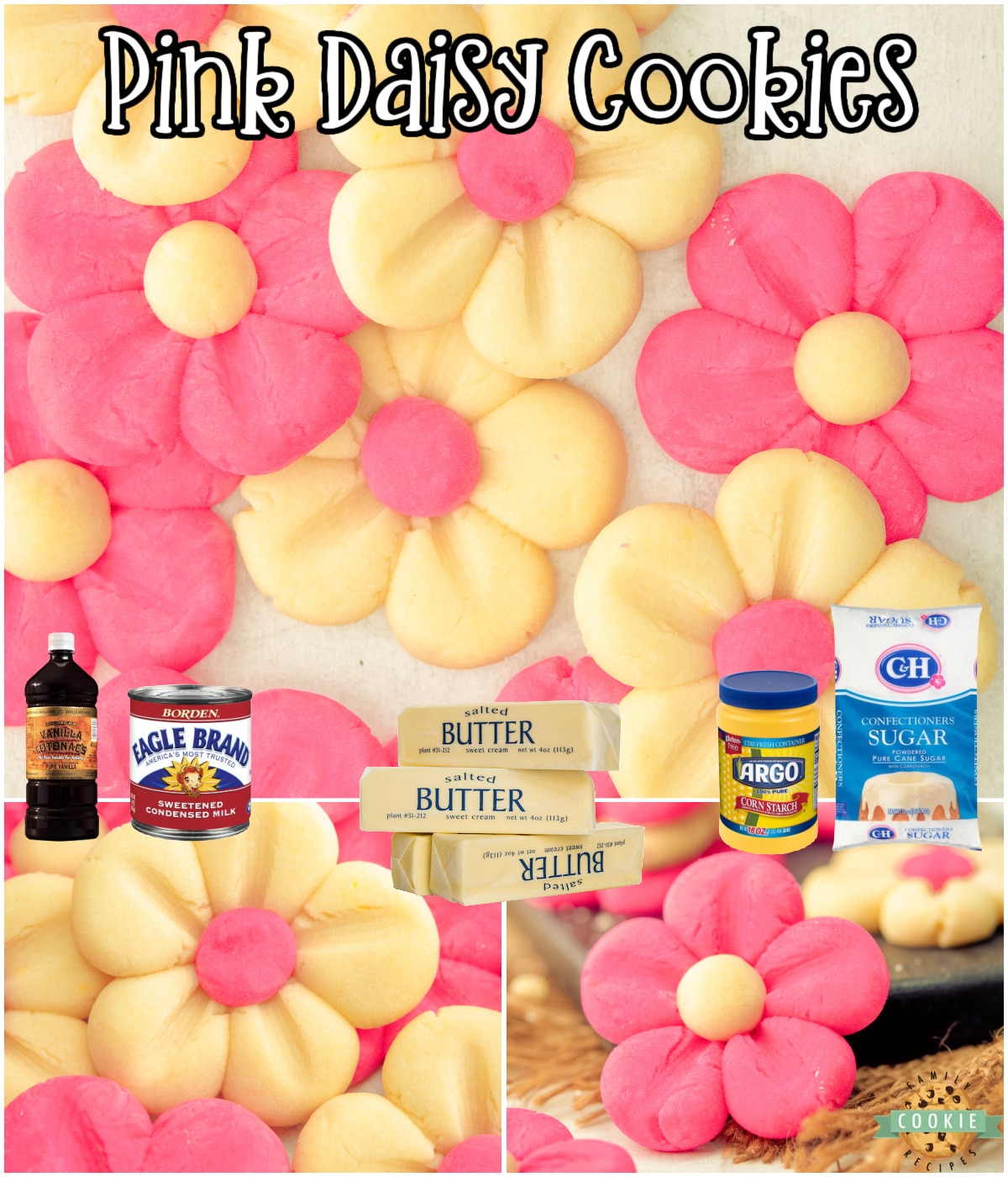 Pink Daisy Cookies are made from a buttery vanilla dough, formed to look like pretty blooming flower petals perfect for parties! Delightful butter cookies that melt in your mouth! 