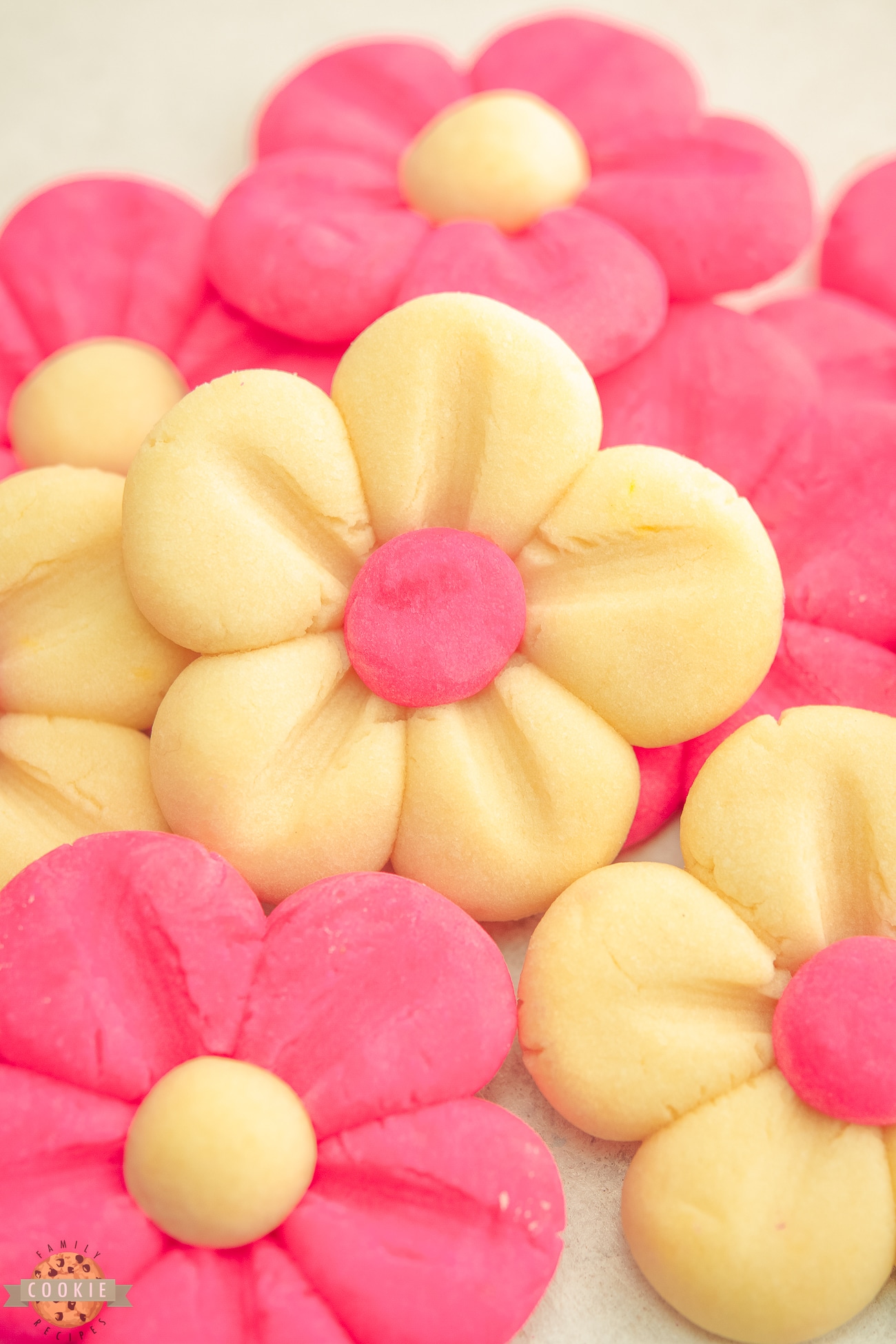 cute butter cookies shaped like pink daisies.