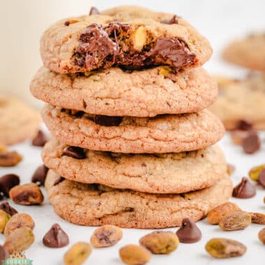 stack of toasted pistachio chocolate chip cookies