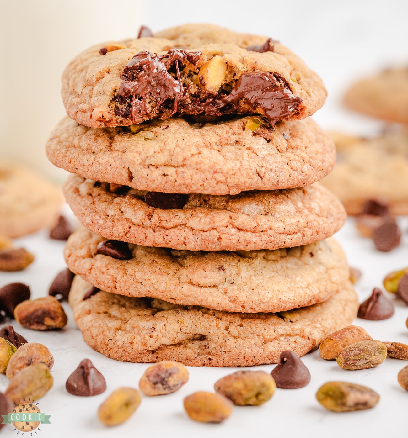 stack of toasted pistachio chocolate chip cookies