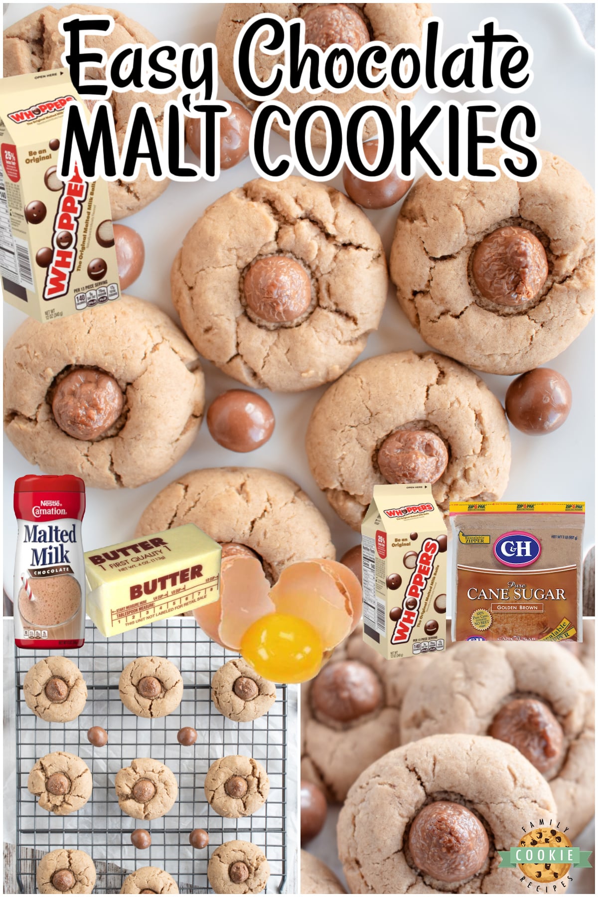 Chewy Chocolate Malt cookies made with classic cookie ingredients, including malt powder & topped with a chocolate malt ball! Enjoy the great flavor in these whopper candy cookies!