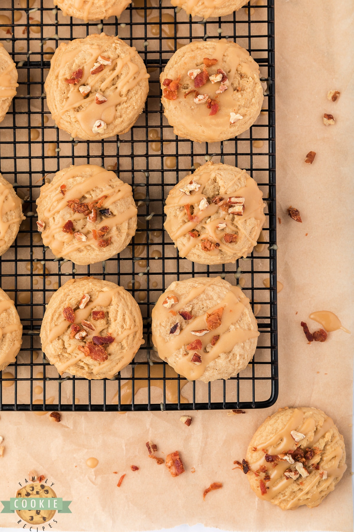 Cookies drizzled with maple glaze and topped with crumbled bacon.