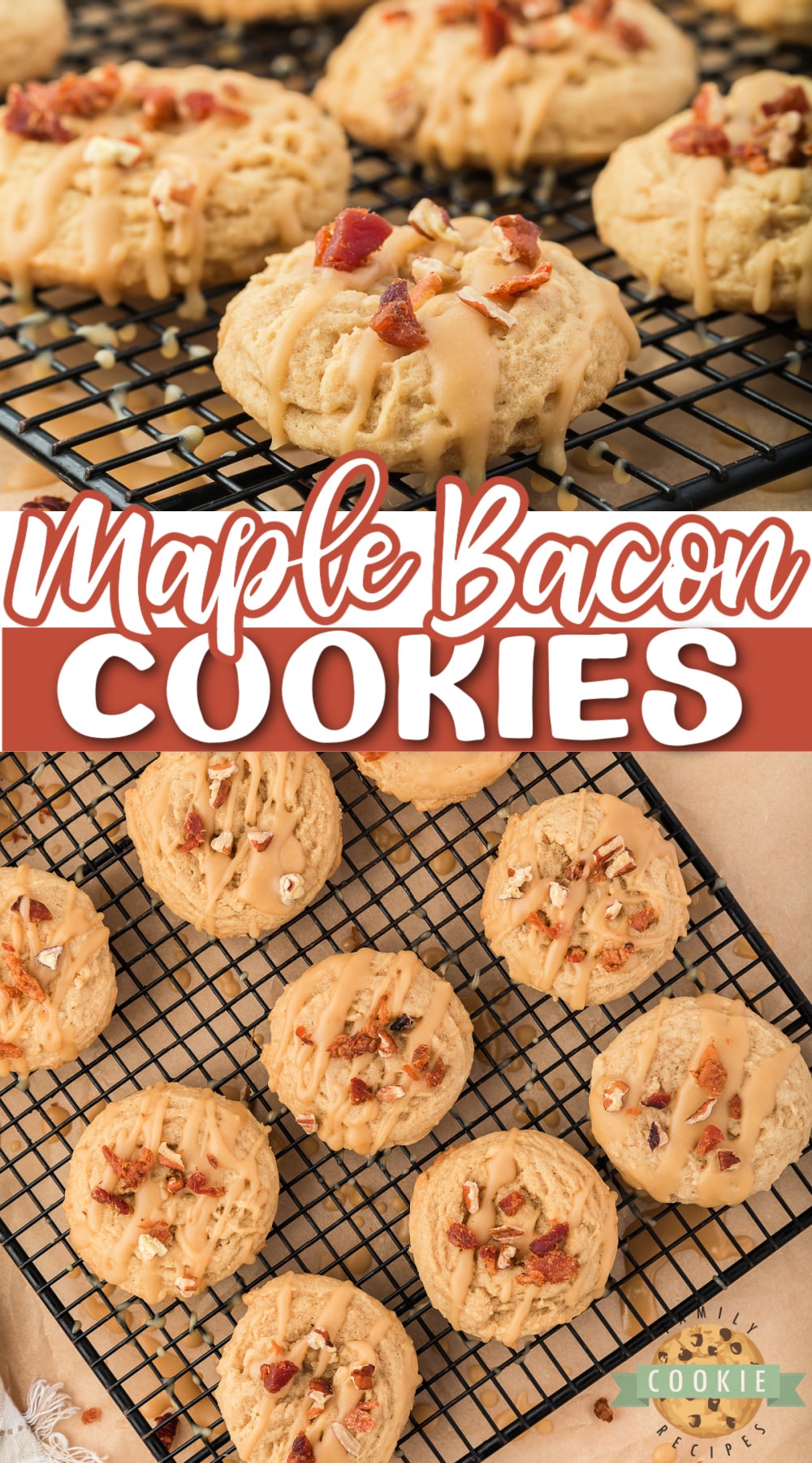 Maple Bacon Cookies are made with bacon grease and maple syrup and are topped with maple icing and crumbled bacon. These cookies are the perfect combination of savory and sweet! 