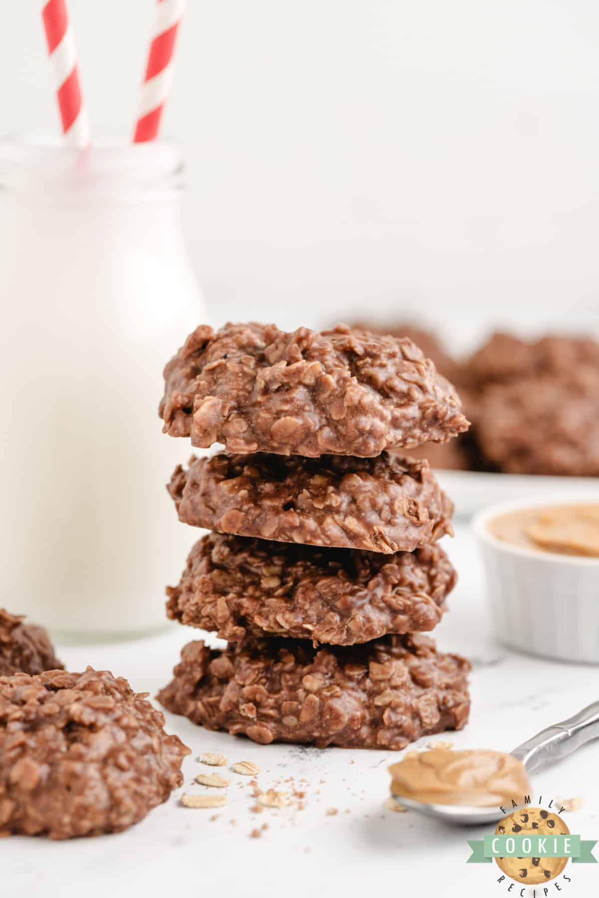 Stack of chocolate peanut butter oat cookies. 