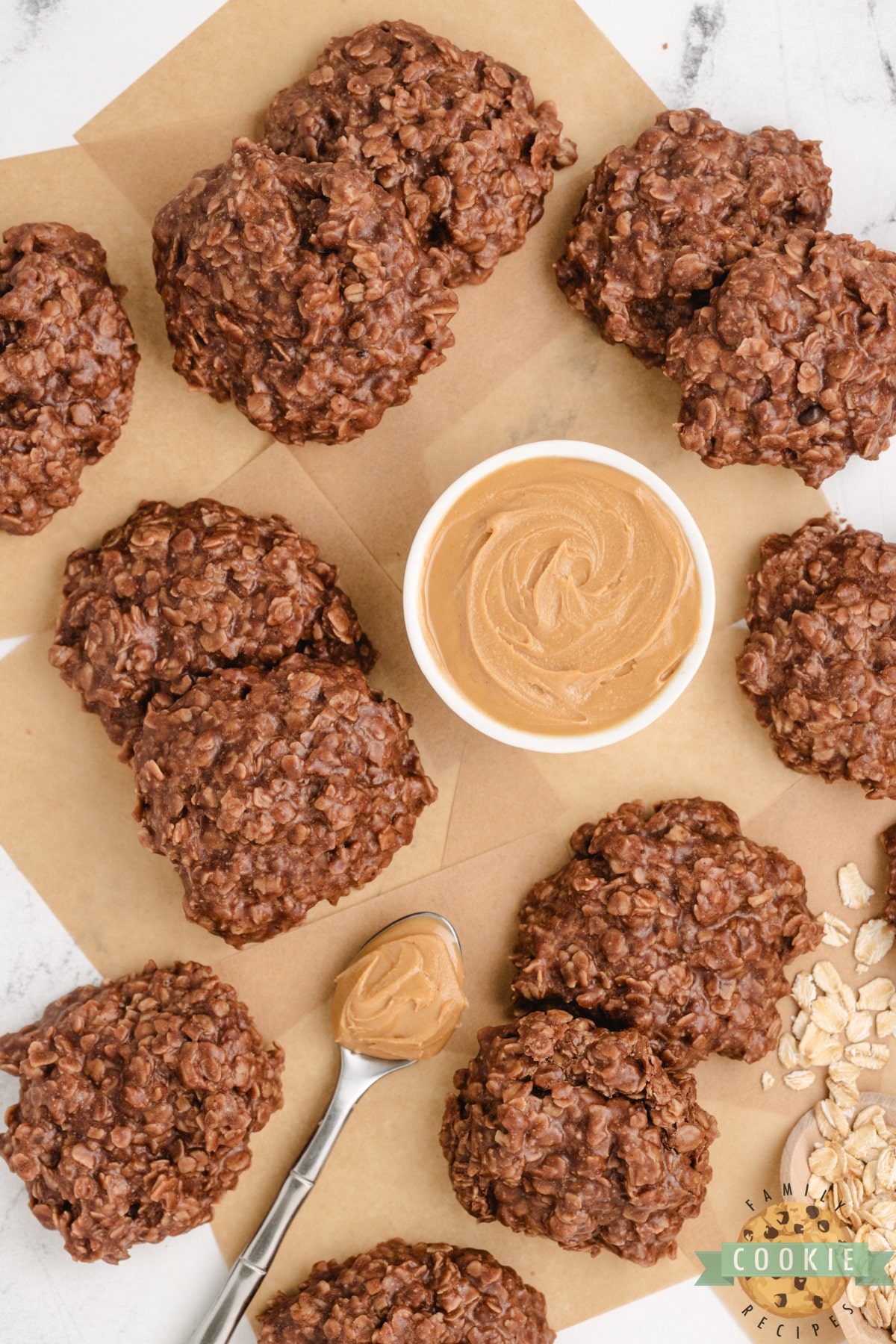 No bake cookies made with peanut butter, chocolate, and oats. 