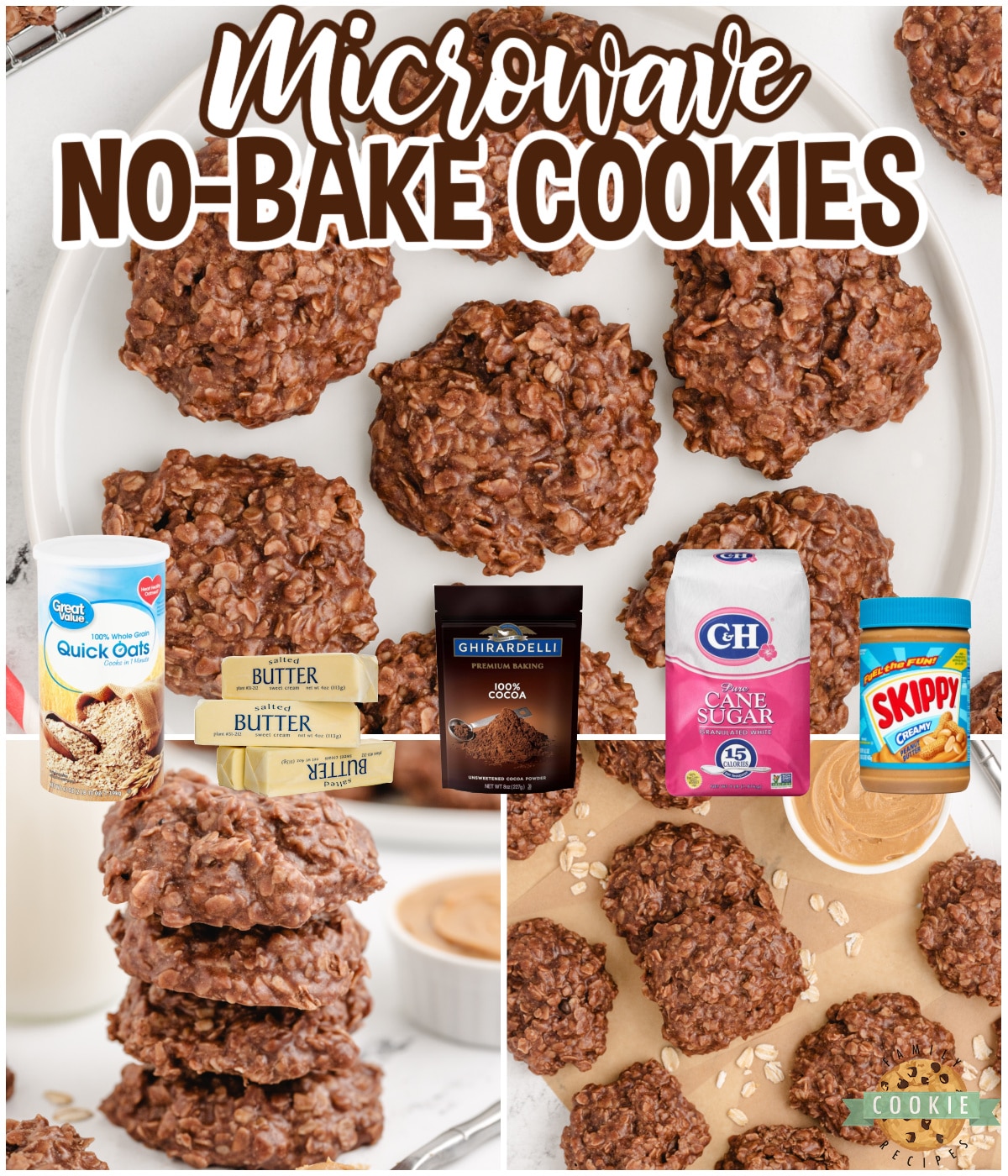 Microwave No-Bake Cookies are made with only six ingredients in less than 10 minutes, and no stove is necessary. Delicious no-bake cookie recipe made with oats, peanut butter, and cocoa powder. 