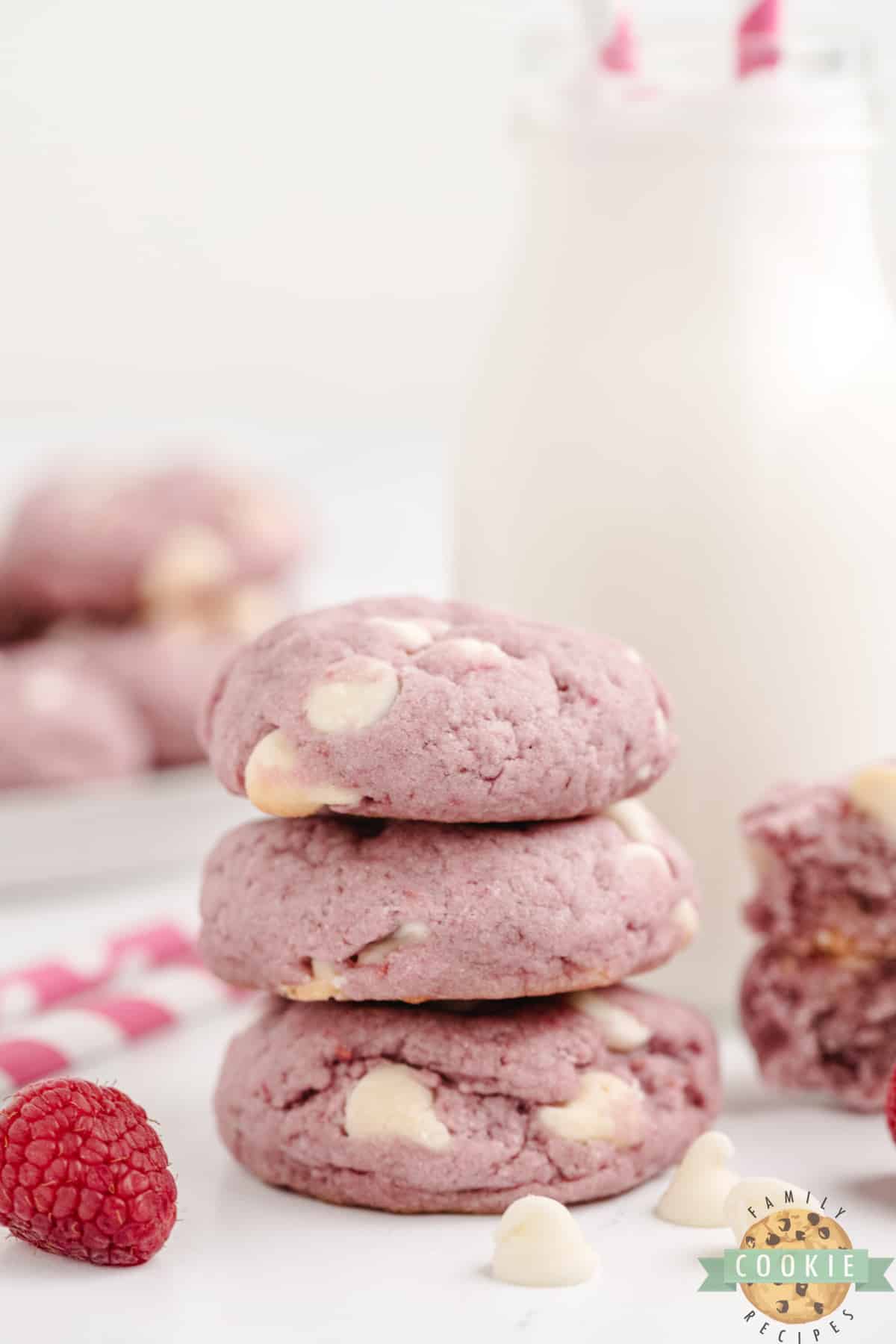 Stack of pink cookies made with raspberries. 