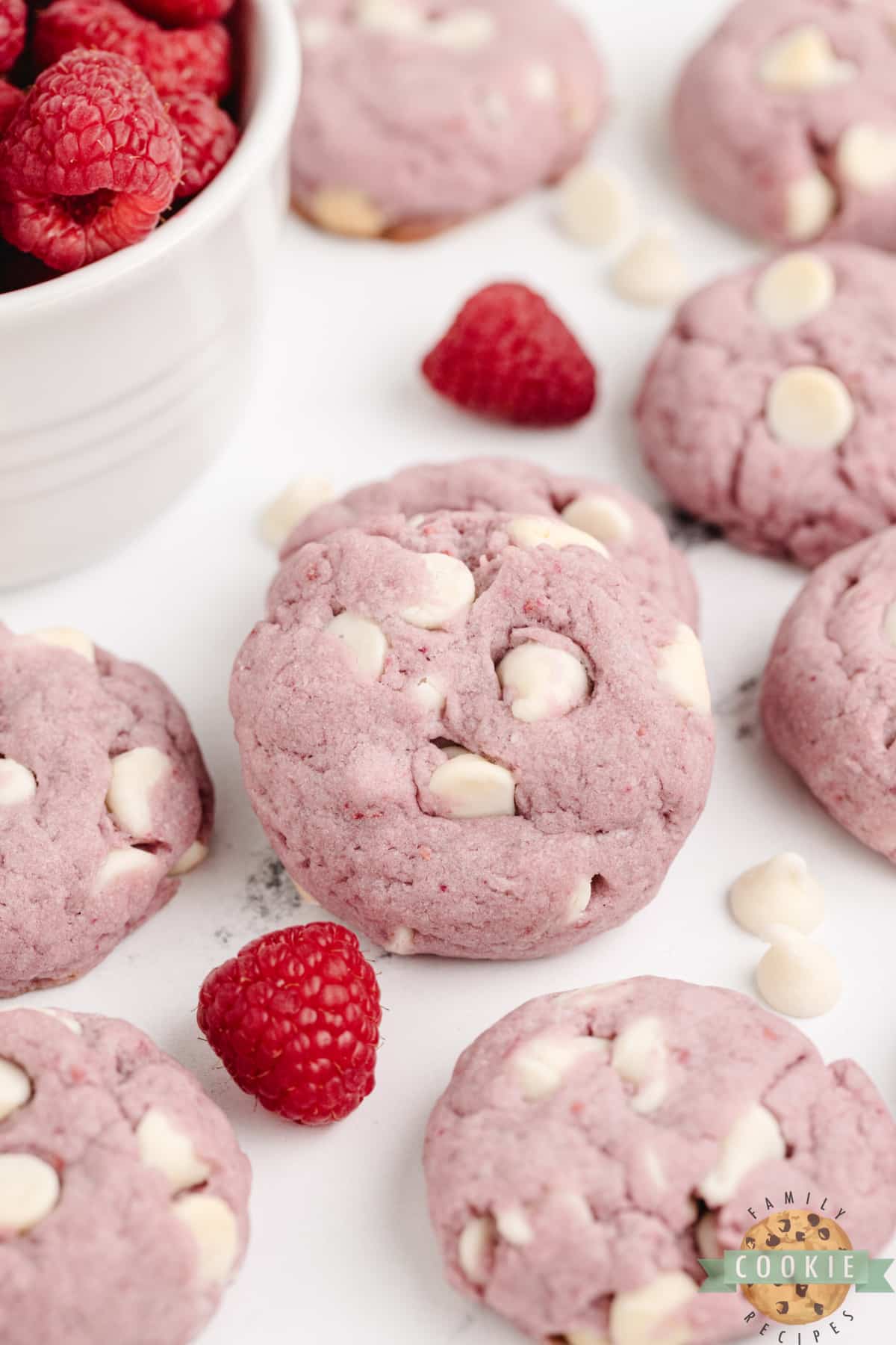 Raspberry Cookies made with frozen raspberries and white chocolate chips. Simple raspberry cookie recipe yields soft and chewy cookies that are perfectly pink! 